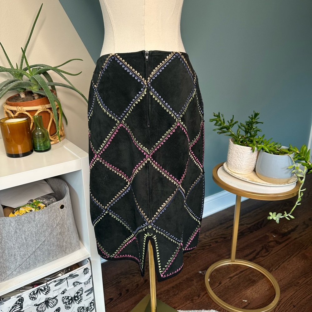 Vintage Margaret Godfrey Suede Leather Skirt Boho Y2K Patchwork Sz 6 - Picture 5 of 13